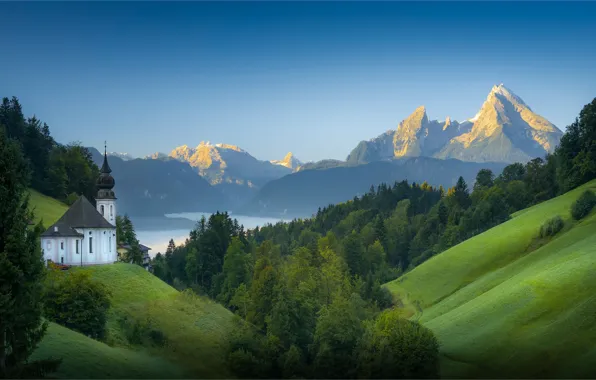 Картинка лес, горы, озеро, Германия, склон, Бавария, церковь, Germany