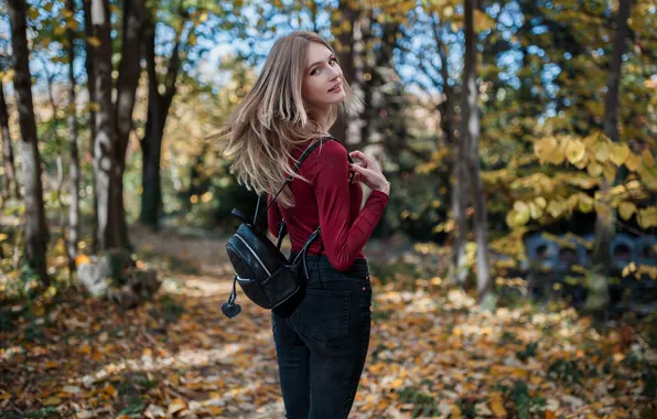 Girl, forest, beautiful, cute, long-haired, backpack