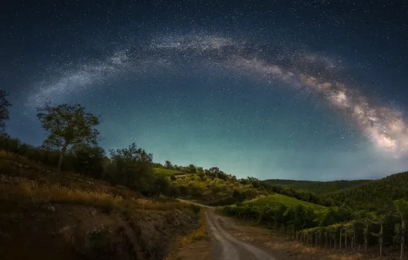 Дорога, небо, звезды, природа, Италия, млечный путь, Ole Henrik Skjelstad