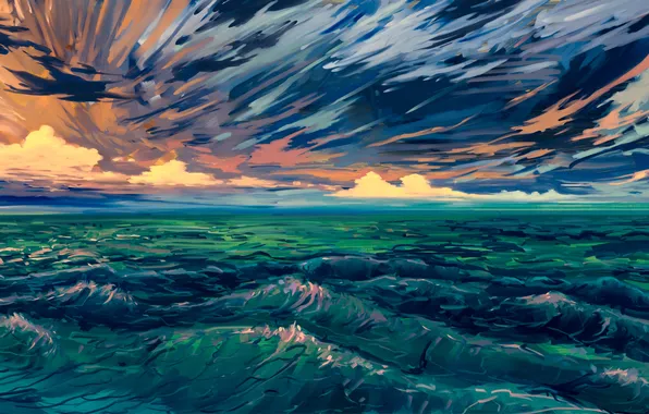 Море, небо, рисунок, арт