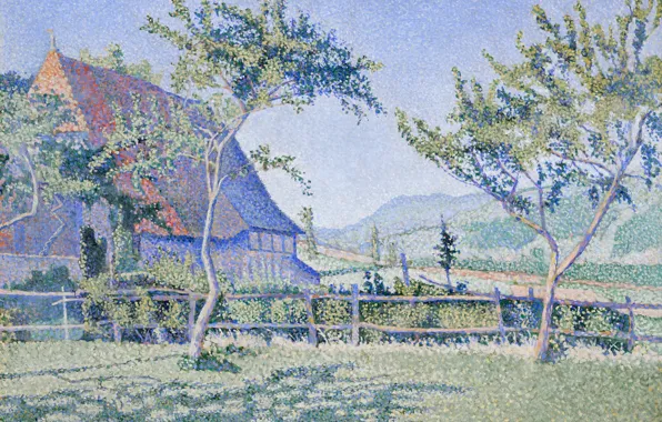 Пейзаж, дом, картина, Поль Синьяк, пуантилизм, Замок Комблат. Луг