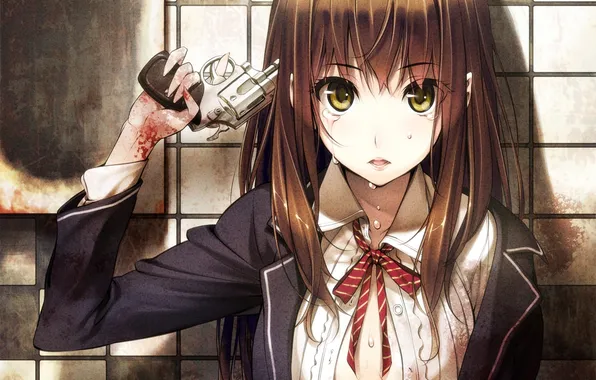 Картинка девушка, оружие, кровь, галстук, револьвер, ikeda yasuhiro