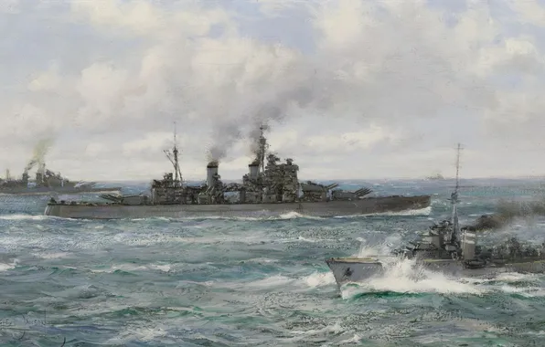 Картинка море, корабли, крейсер, Montague Dawson