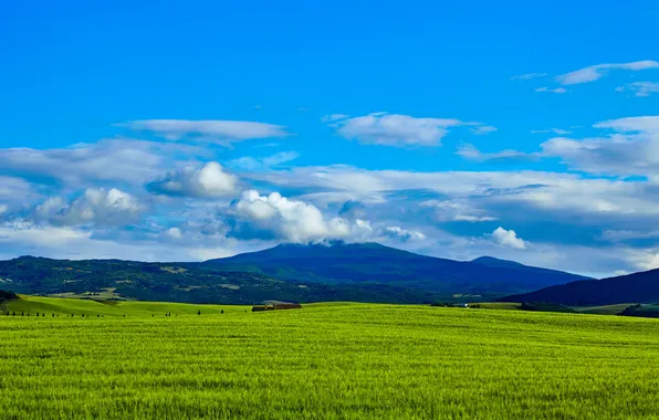Картинка зелень, небо, трава, облака, горы, поля, простор, Италия
