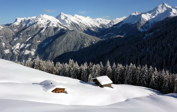 Картинка зима, снег, пейзаж, горы, природа, дома