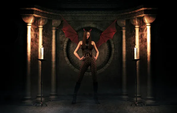Картинка Девушка, крылья, свечи, демон, костюм, тени, рожки