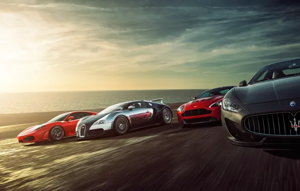 Ferrari F430, Bugatti Veyron, Speed, Sunset, Supercars, Sea, Aston Martin Vantage, Maserati Grant Turismo