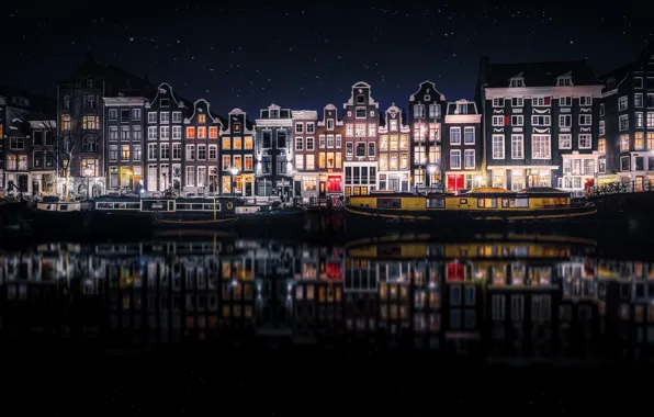 Отражения, ночь, город, дома, Амстердам, Нидерланды