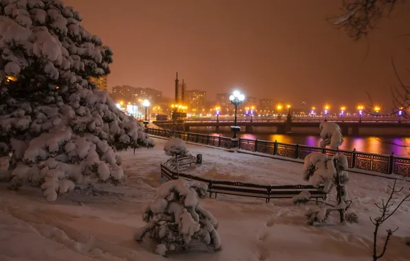 Картинка зима, снег, мост, огни, ели, набережная