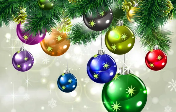 Картинка зима, звезды, украшения, снежинки, праздник, шары, Рождество, Новый год