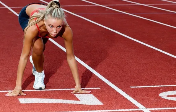 Картинка girl, stadium, model, running, bare shoulders, sports bra