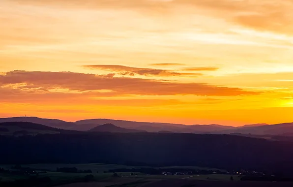 Lights, morning, hills, houses, sunrise, dawn, village, valley