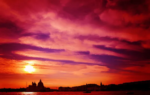 Картинка небо, облака, закат, город, дома, Италия, Венеция, собор