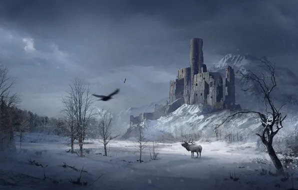 Картинка зима, лес, снег, деревья, замок, птица, гора, ворон