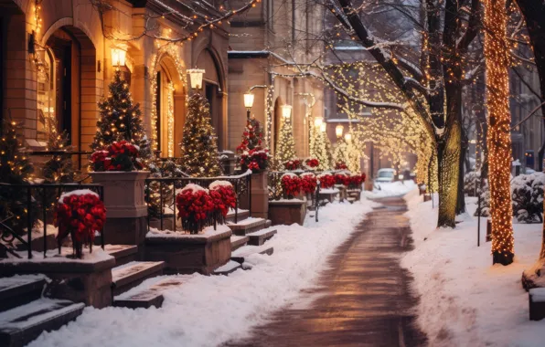 Зима, снег, украшения, ночь, город, lights, улица, елка