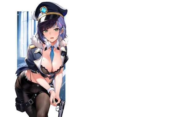 Girl, hot, sexy, boobs, police, blue, anime, breasts