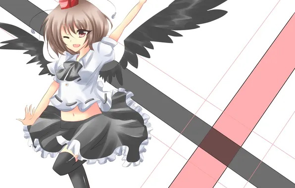 Картинка девушка, полосы, фон, крылья, аниме, арт, touhou, shameimaru aya