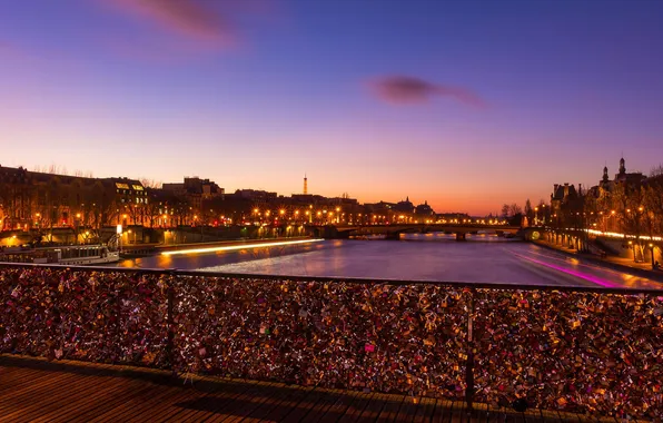 Картинка ночь, мост, огни, река, Франция, Париж