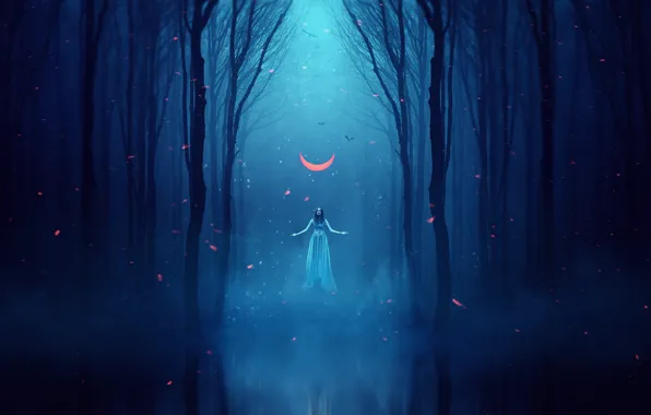 Девушка, Туман, Ночь, Деревья, Лес, Dark, Фантастика, Месяц