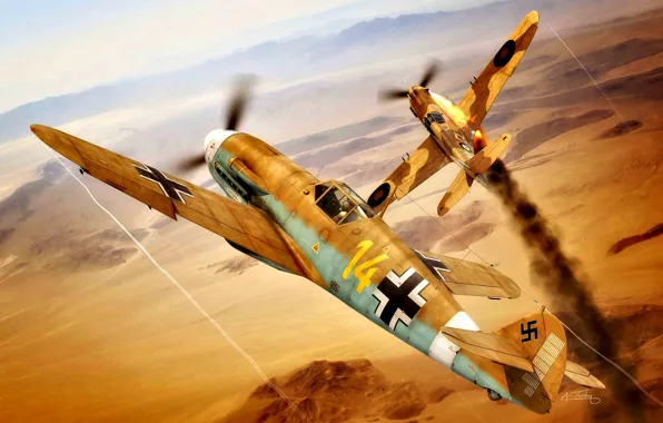 Картинка Дым, Пустыня, Вторая Мировая война, Северная Африка, P-40 Tomahawk, Bf.109F-4/trop, I./JG27, ''Звезда Африки''