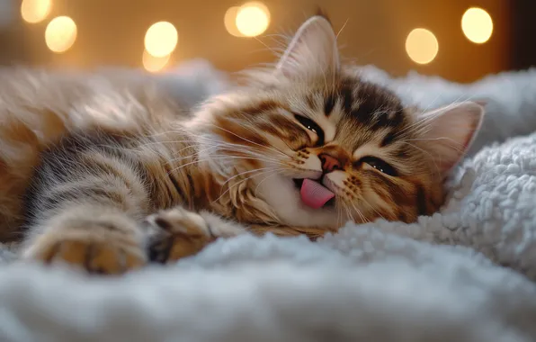 Язык, кошка, взгляд, огни, поза, котенок, лапки, лежит