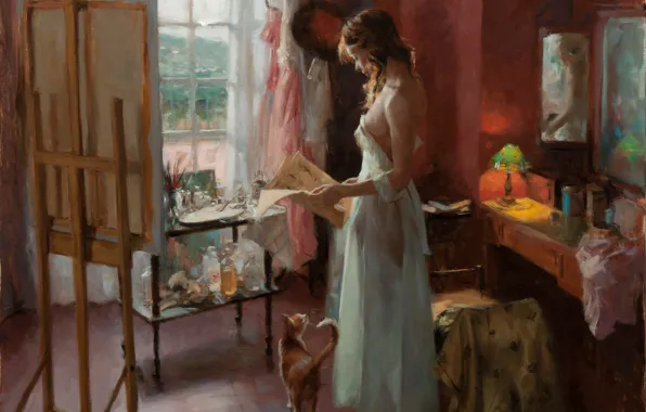Картинка кошка, девушка, стол, комната, лампа, картина, утро, зеркало