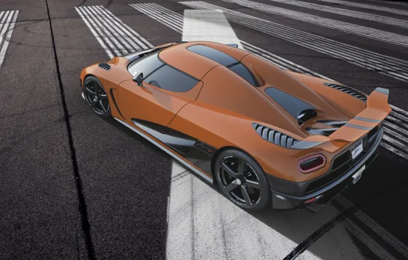 Картинка оранжевый, разметка, Koenigsegg, суперкар, спойлер, вид сзади, антикрыло, гиперкар