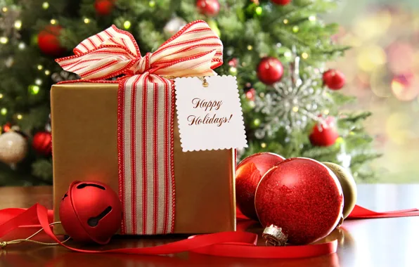 Картинка шарики, украшения, огни, праздник, рождество, подарки, Новый год, ёлка