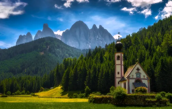 Лес, горы, луг, Италия, церковь, Italy, Доломитовые Альпы, Южный Тироль