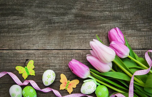 Картинка цветы, яйца, colorful, Пасха, тюльпаны, happy, wood, pink
