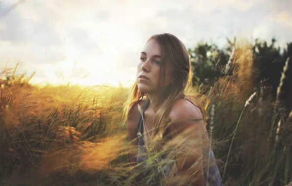 Картинка поле, небо, трава, девушка, облака, солнечный свет