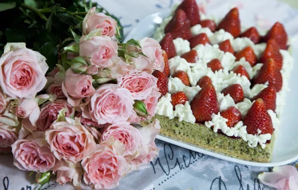 Клубника, Букет, Roses, Strawberry, Торт, Cake, Bouquet, Pink roses