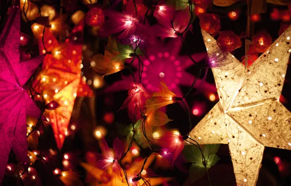 Зима, украшения, огни, звезда, Новый Год, Рождество, декорации, гирлянда