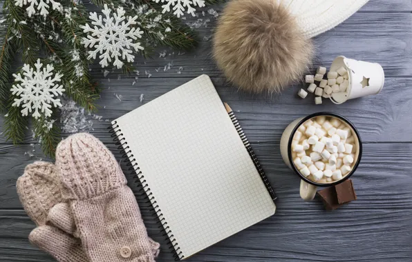 Шапка, блокнот, карандаш, Wood, Winter, какао, marshmallows