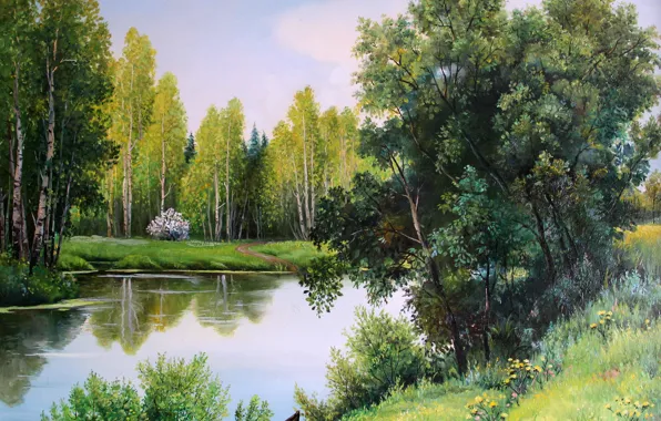 Картинка лес, деревья, пейзаж, природа, полотно, берег, лодка, рисунок