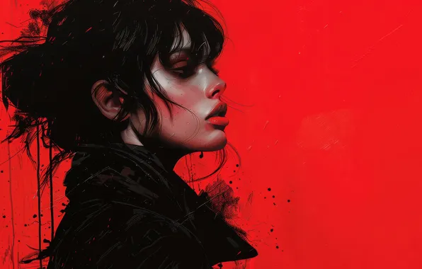 Картинка red, women, painting, black hair, illustration, AI art