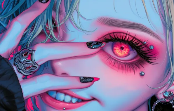 Style, Smile, red eyes, piercing, Anime Girl