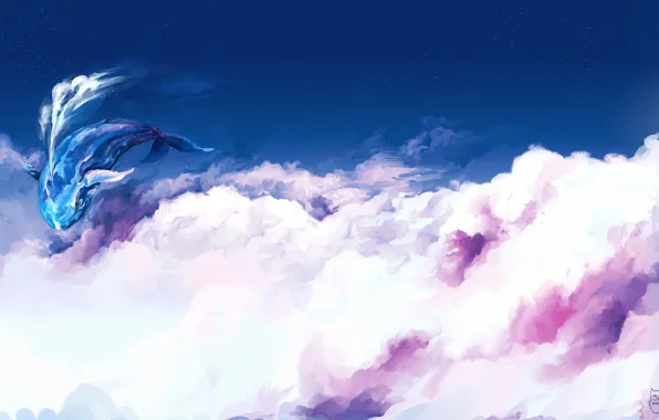 Облака, полет, фантазия, арт, кит, в небе, ominoux