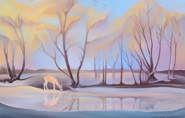 Деревья, птицы, озеро, оленёнок, нарисованный пейзаж