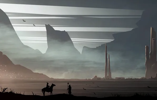 Горы, птицы, всадник, путник, City of Eternity
