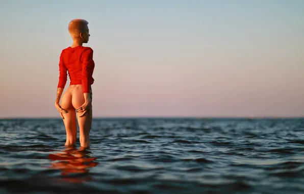 Море, попа, попка, вода, девушка, поза, стрижка, руки