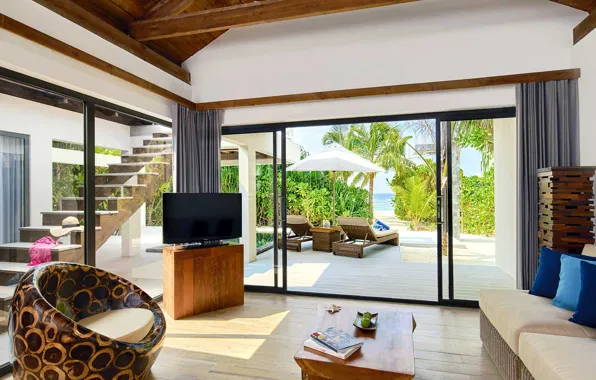Комната, вилла, интерьер, курорт, терраса, Maldives, Resort Kuredhivaru