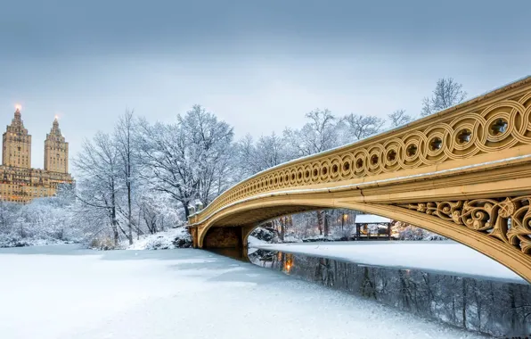 Зима, снег, Нью-Йорк, США, Центральный парк, мост Боу