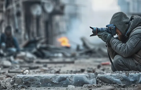 Дома, Фотоаппарат, Мужчина, Сбоку, Цифровое искусство, Photographer, Разруха, Фотограф