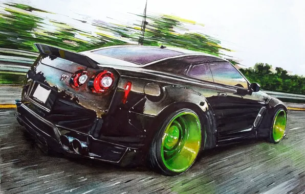 Скорость, Nissan, GT-R, диски, Art, зелёные, Liberty Walk