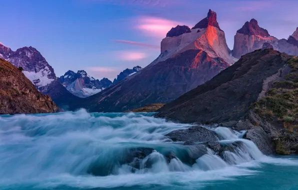 Горы, река, водопад, Чили, Chile, Patagonia, Torres del Paine National Park, Торрес-дель-Пайне