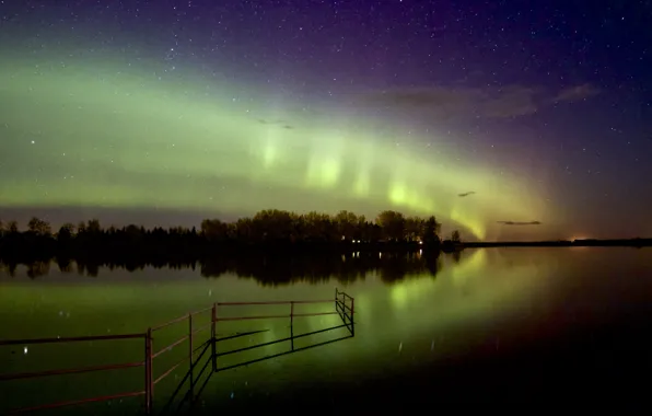 Картинка звезды, пейзаж, отражение, северное сияние