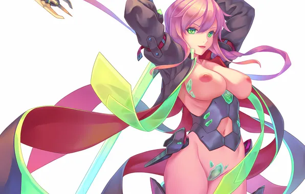 Girl, sword, sexy, pink hair, armor, erect nipples, green eyes, long hair