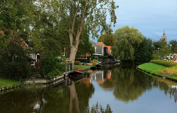Картинка деревья, дома, лодки, речка, Нидерланды, Alkmaar, De Rijp