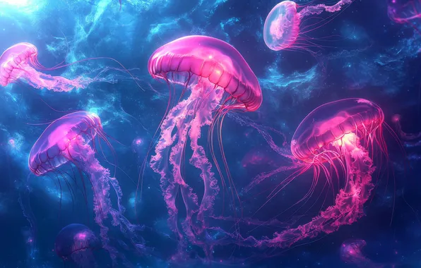 Океан, медуза, свечение, colorful, underwater, ocean, красочно, jellyfish